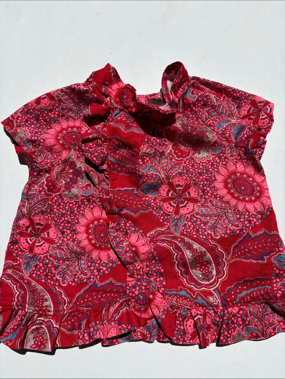 Tea Collection: Red Paisley Ruffle Top Shirt, Size: 2T.